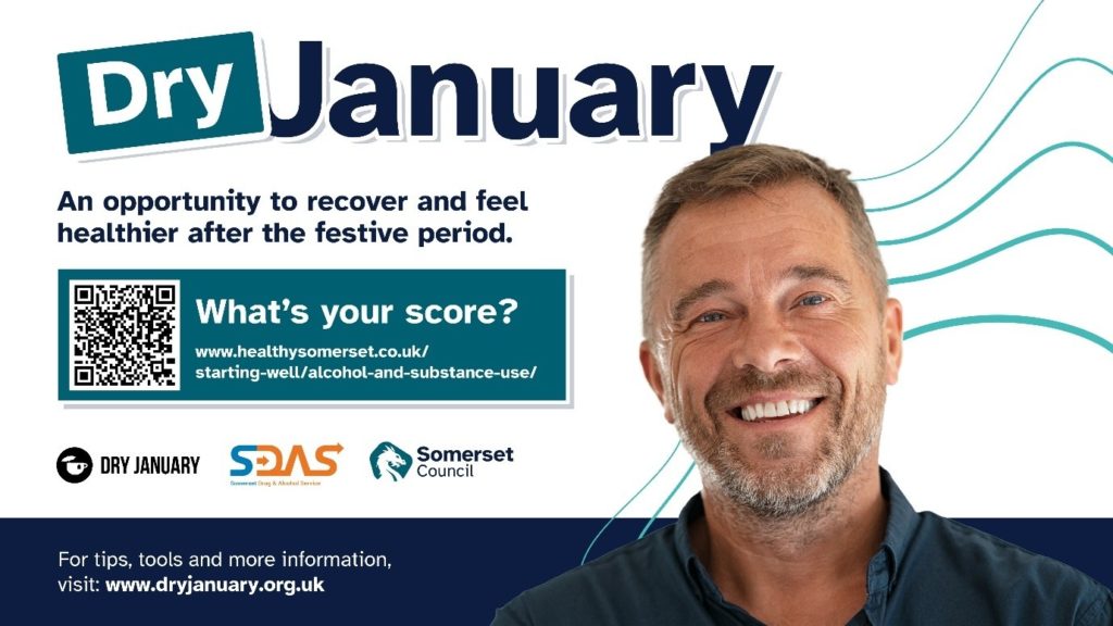 Dry January campaign graphic with the message “An opportunity to recover and feel healthier after the festive period.” Includes a QR code linking to healthysomerset.co.uk and logos for Dry January, SDAS, and Somerset Council.